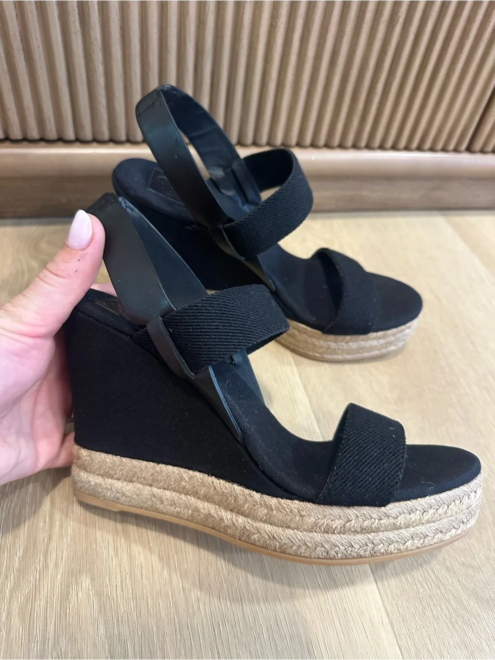 Tory Burch Black Canvas Espadrille Wedge Sandals 8